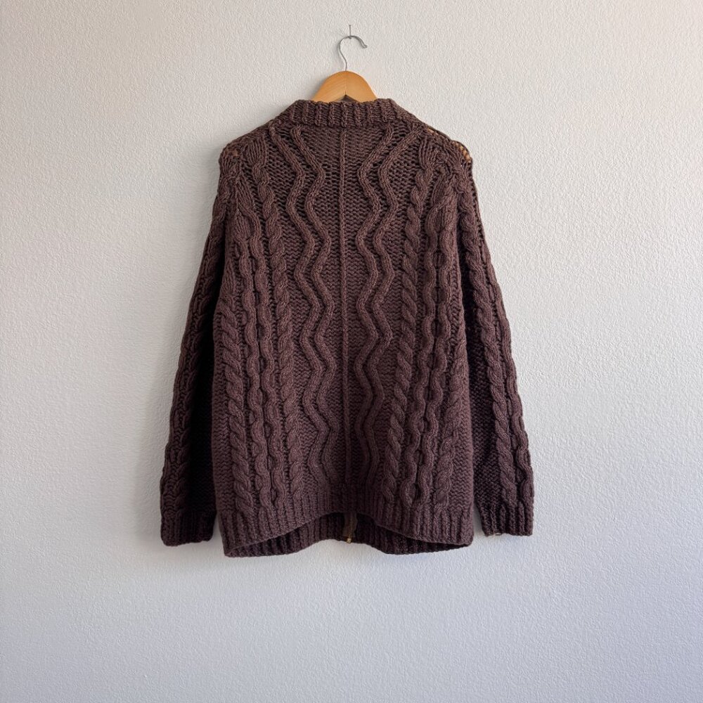 Vintage Unique Hand Knit Brown Zippered Fisherman Knit Cardigan - XS-M - Picture 2 of 4
